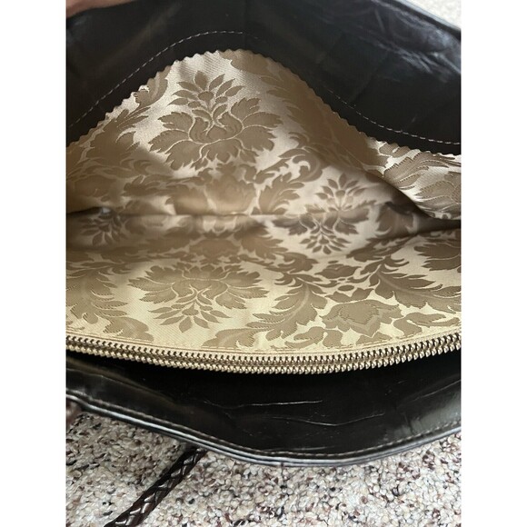 Falor Le Borse Purse Leather Brown 2 Woven 10" Handles Zip Made in Italy - Picture 5 of 13